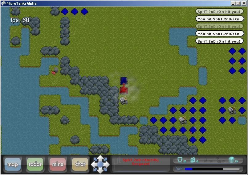 The final alpha: a firefight among rocks and water, with the map, radar, mine and chat buttons