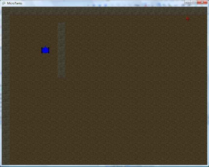 The first concept: a blue tank on a brown tile map with a test wall of rock
